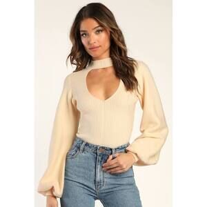 NWT Lulus Seasonal Elegance Cream Ribbed Balloon Sleeve Bodysuit White - Size M